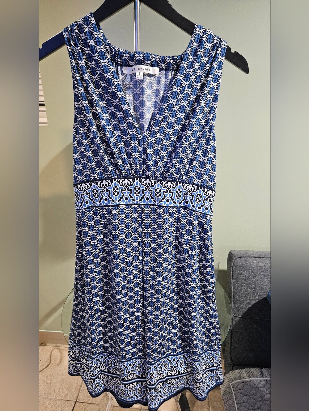 Max Studio Blue White Geometric Print Knee Length Dress Size S Sleeveless